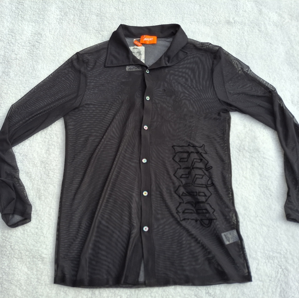 Bossi Sheer Black Button-Up Top With Velvet Imaging - Size Large - NWT